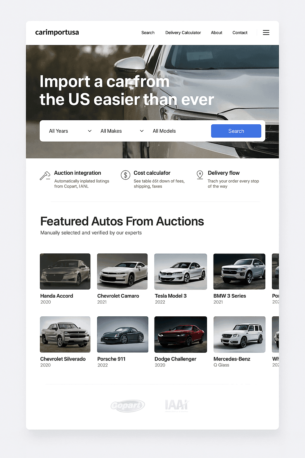 Website interface for importing cars from the US, featuring a search bar and featured auto listings.