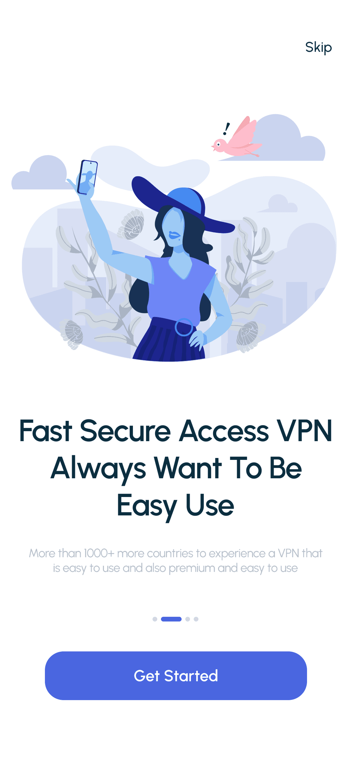 Illustration of a woman holding a phone, with text about fast, secure VPN access.