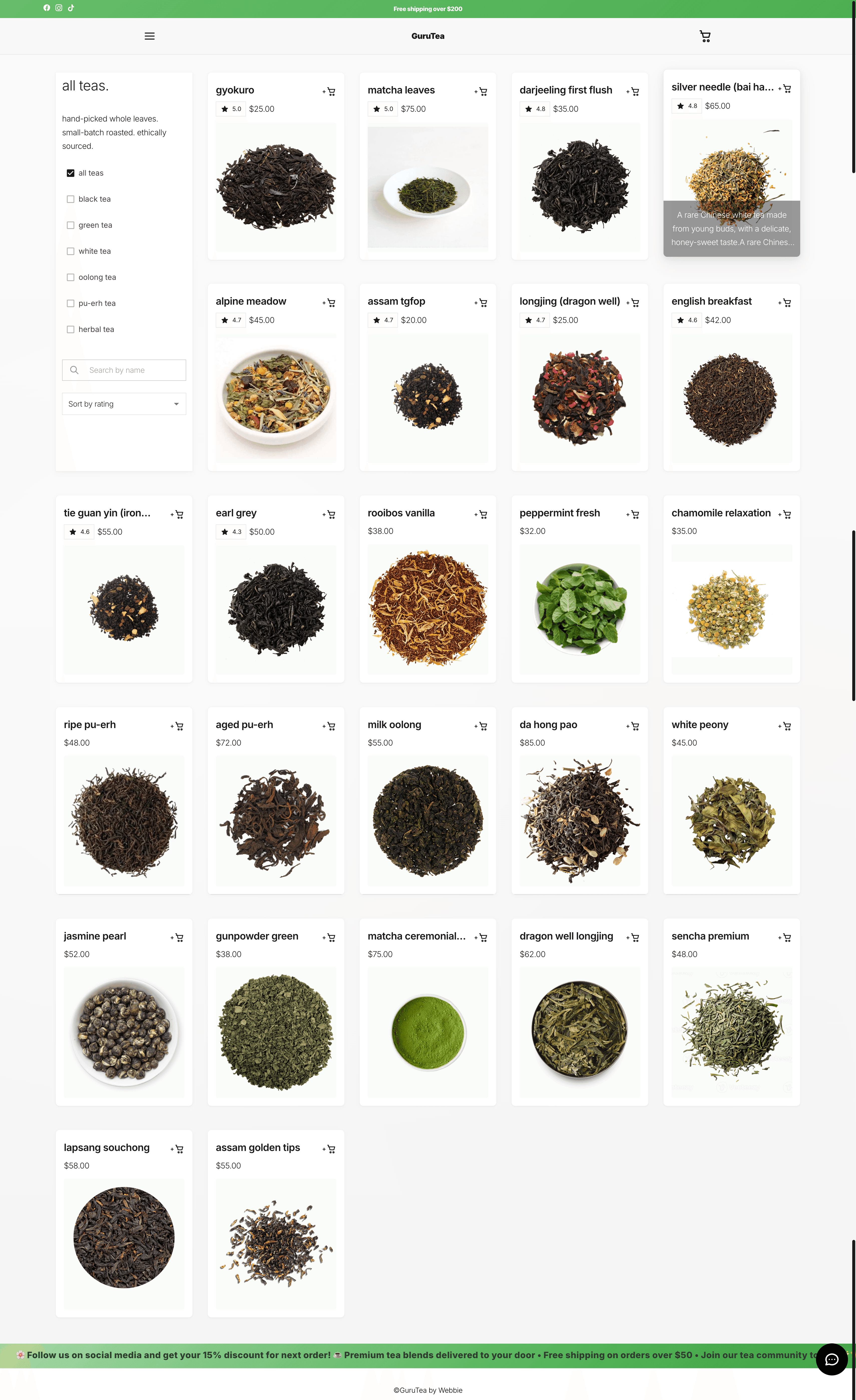 A grid display of various types of tea leaves in small containers.